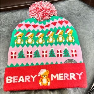 Beary Merry Holiday Beanie - Red, Green, Pink